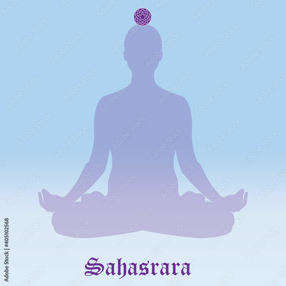 Vector illustration chakra Sahasrara. Silhouette meditating. Vector illustration chakra Sahasrara. Silhouette meditating.
