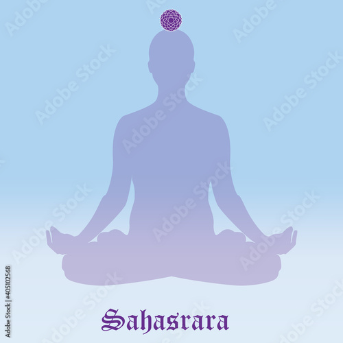 Vector illustration chakra Sahasrara. Silhouette meditating.