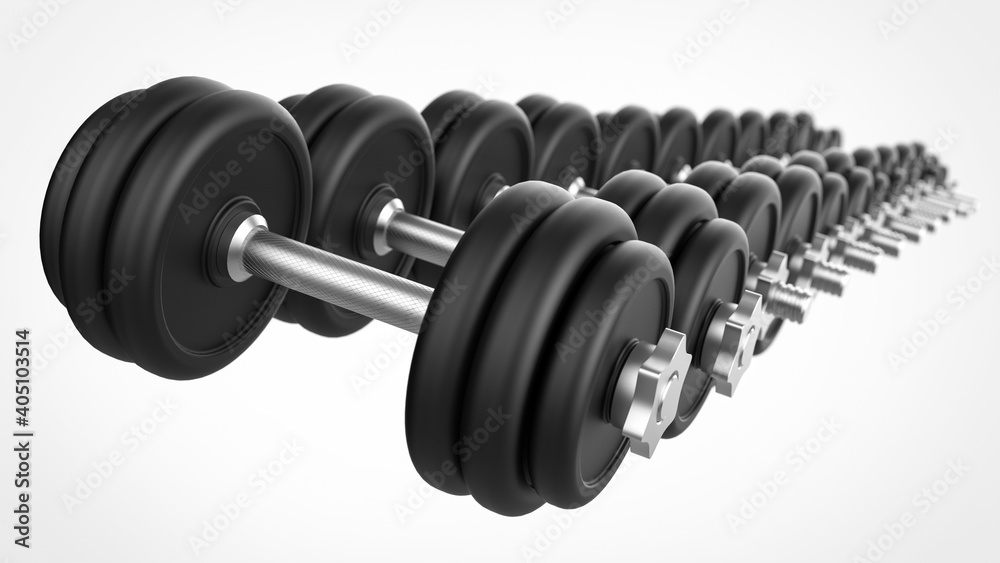 Many dumbbells, several dumbbells on a white isolated background Many dumbbells, several dumbbells on a white isolated background