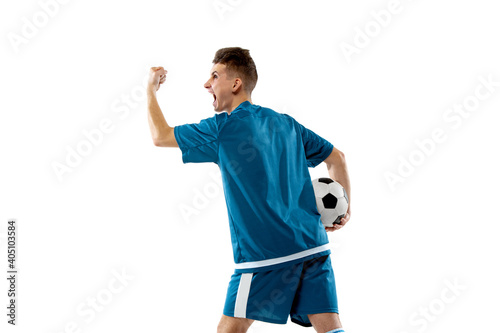 Celebrate. Funny emotions of professional soccer player isolated on white studio background. Copyspace for ad. Excitement in game, human emotions, facial expression and passion with sport concept.