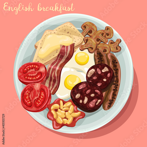 English breakfast on plate. Pink background. Fried eggs, bacon, toast with butter, tomato, mushrooms, beans in tomato sauce, grilled sausages and blood pudding. Isolated illustration with inscription