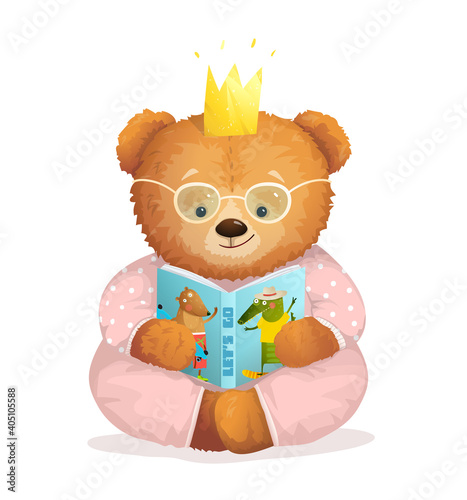 Cute Teddy Bear girl for children sitting reading book story wearing crown like a little princess. Fashionable realistic print vector design for kids and adults reading books.