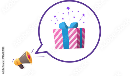 Reward win or gift winner announcement notice vector icon flat cartoon illustration, idea of giveaway preset advertisement with happy giftbox and confetti sparkles modern design