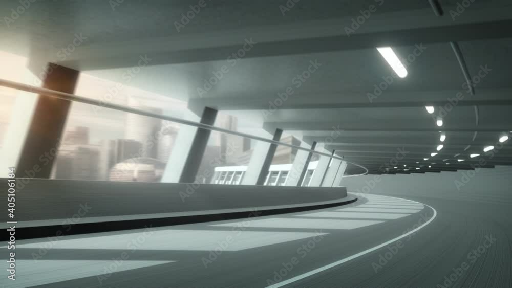 3D Rendering Highway Street Tunnel in motion with urban city in background.  Highway Tunnel with empty road for Driving scene motion background. Perspective view.