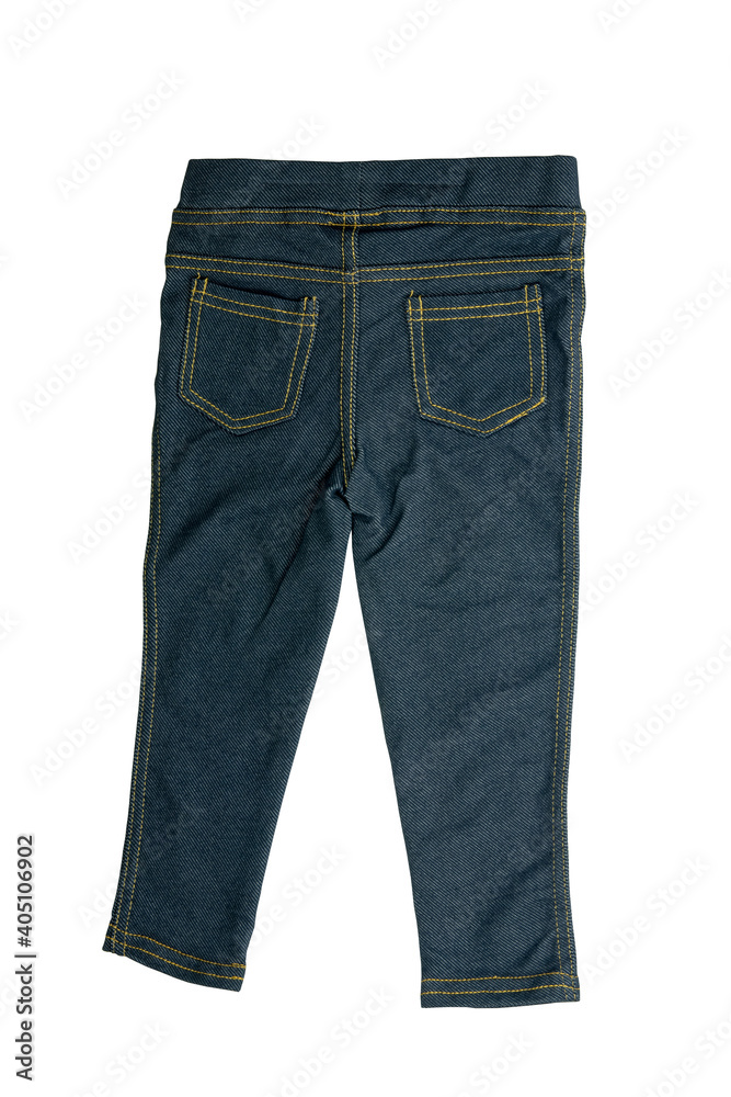Jeans isolated. Trendy stylish blue denim pants or trousers for child boy isolated on a white background. Jeans summer and autumn fashion. Back view. Jeans isolated. Trendy stylish blue denim pants or trousers for child boy isolated on a white background. Jeans summer and autumn fashion. Back view.