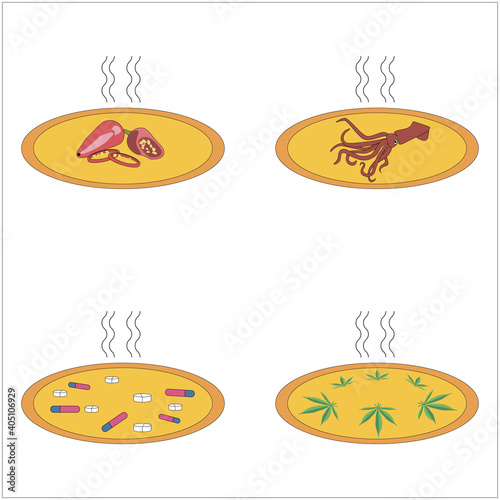 icons pizza, inedible, spicy, chemical, with squid, hallucinogenic, vector graphics