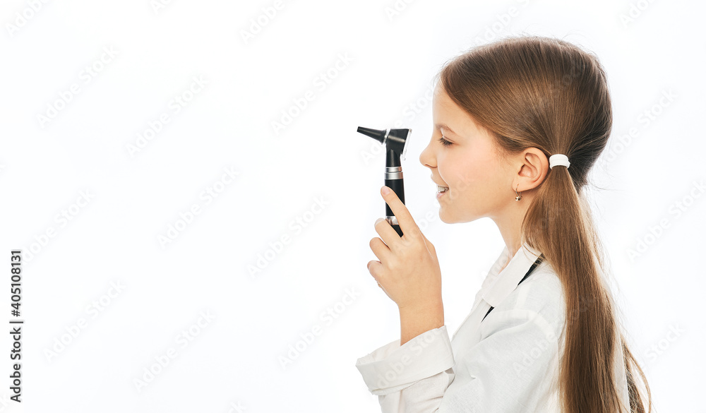 Positive girl in white medical uniform holding ophthalmoscope, isolated on white Positive girl in white medical uniform holding ophthalmoscope, isolated on white