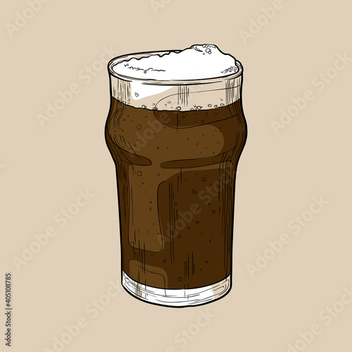 Nonic pint beer glass with dark beer. Hand drawn multicolor vector illustration. photo