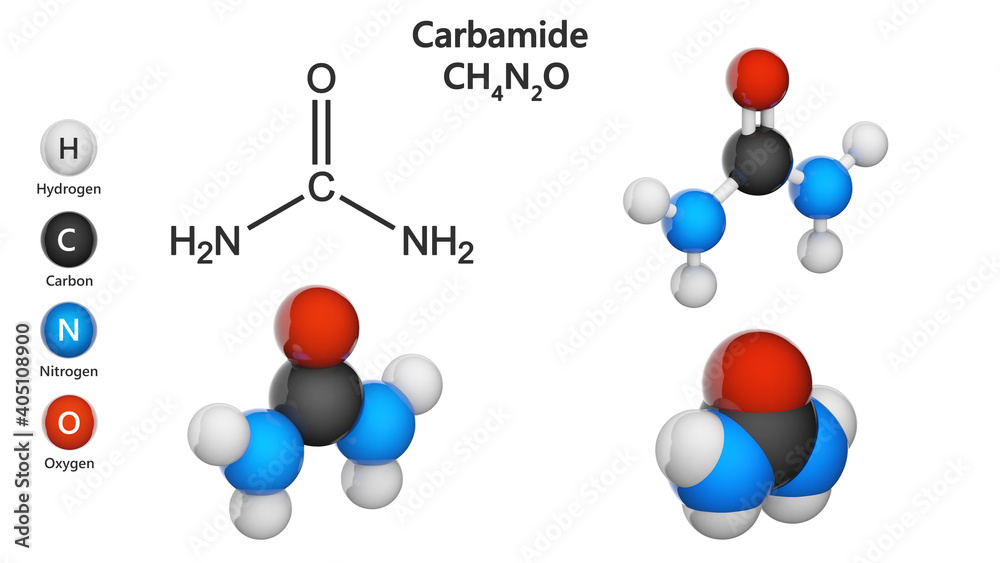 Urea, also known as carbamide, is an organic compound with the chemical formula CH4N2O. Chemical structure model: Ball and Stick + Balls + Space-Filling. 3D illustration. White background.