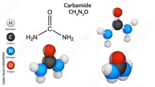 Urea, also known as carbamide, is an organic compound with the chemical formula CH4N2O. Chemical structure model: Ball and Stick + Balls + Space-Filling. 3D illustration. White background.