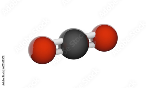 Carbon dioxide (formula CO2) is a colorless, odorless gas. It is formed in the process of breathing. Chemical structure model: Ball and Stick. 3D illustration. Isolated on white background.