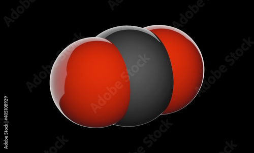 Carbon dioxide (formula CO2) is a colorless, odorless gas. It is formed in the process of breathing. Chemical structure model: Space-Filling. 3D illustration. Isolated on black background.