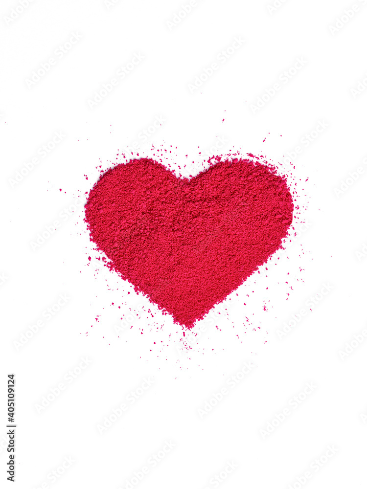 Valentine's Day background. Pink red powder eye shadow scattered in the shape of heart. Isolated on white background. Cosmetic products