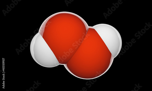 Structural chemical formula and molecular structure of hydrogen peroxide(H2O2). Chemical structure model: Space-Filling. 3D illustration. Isolated on black background. photo