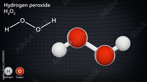 Structural chemical formula and molecular structure of hydrogen peroxide(H2O2). Chemical structure model: Ball and Stick. 3D illustration.