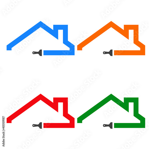 Logotipo pincel con pincelada con forma de tejado de casa. Conjunto en varios colores