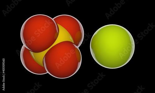 Magnesium sulfate, formula MgSO4 or MgO4S. It is often encountered as the sulfate mineral epsomite, commonly called Epsom salt. Chemical structure model: Space-Filling. 3D illustration. photo