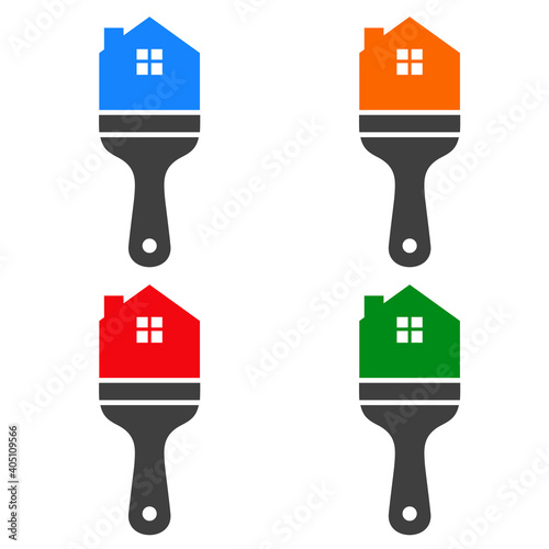 Logotipo pincel con pincelada con forma de casa. Conjunto en varios colores