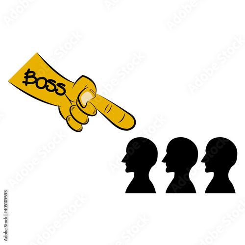 A hand with the writing BOSS is pointing a finger at the three silhouettes of a human head. Illustration of a business concept, an authoritarian boss to his subordinates.