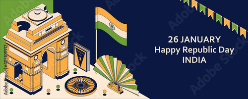 26th of January India Republic Day. Greeting card in isometric style with Indian Gates