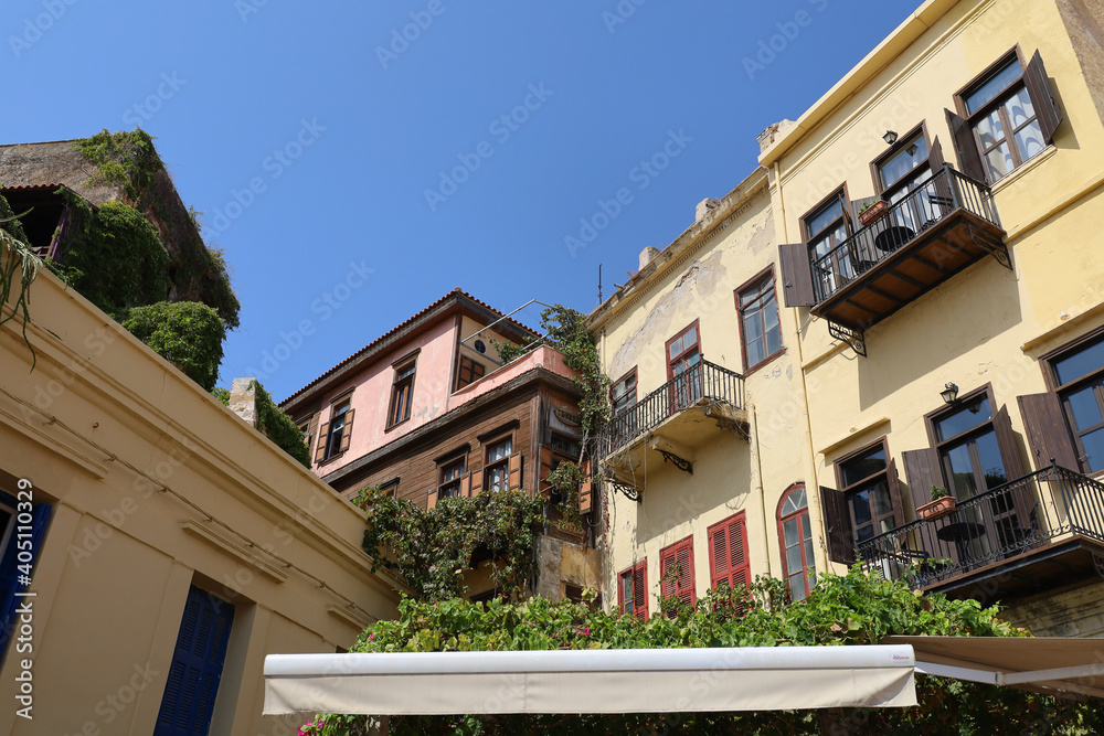 Fototapeta premium A quiet and colorful street of Chania in Crete, Greece