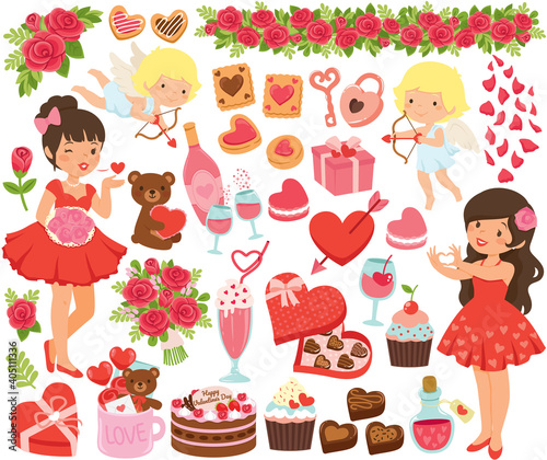 Valentines Clipart set. Cute cartoon girls, cupids and love symbols for Valentines Day.