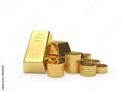 Stacks of bitcoin coins and gold bars isolated on white background. 3D illustration