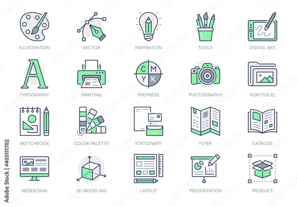 Graphic design line icons. Vector illustration included icon - digital creative tool, paintbrush, palette, prepress, presentation layout outline pictogram for art. 64x64 Green Color Editable Stroke