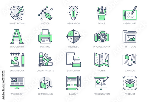 Graphic design line icons. Vector illustration included icon - digital creative tool, paintbrush, palette, prepress, presentation layout outline pictogram for art. 64x64 Green Color Editable Stroke