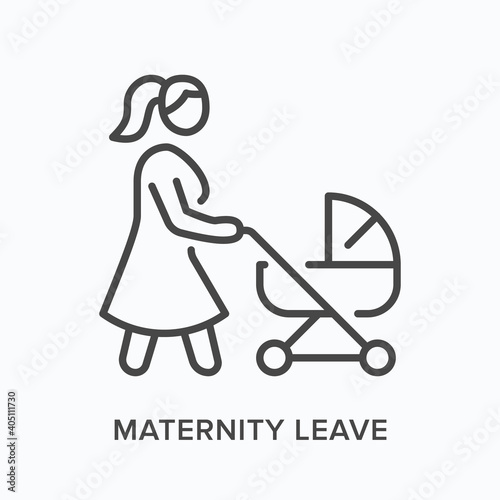 Maternity leave flat line icon. Vector outline illustration of woman with stroller. Black thin linear pictogram for mother walking with baby carriage