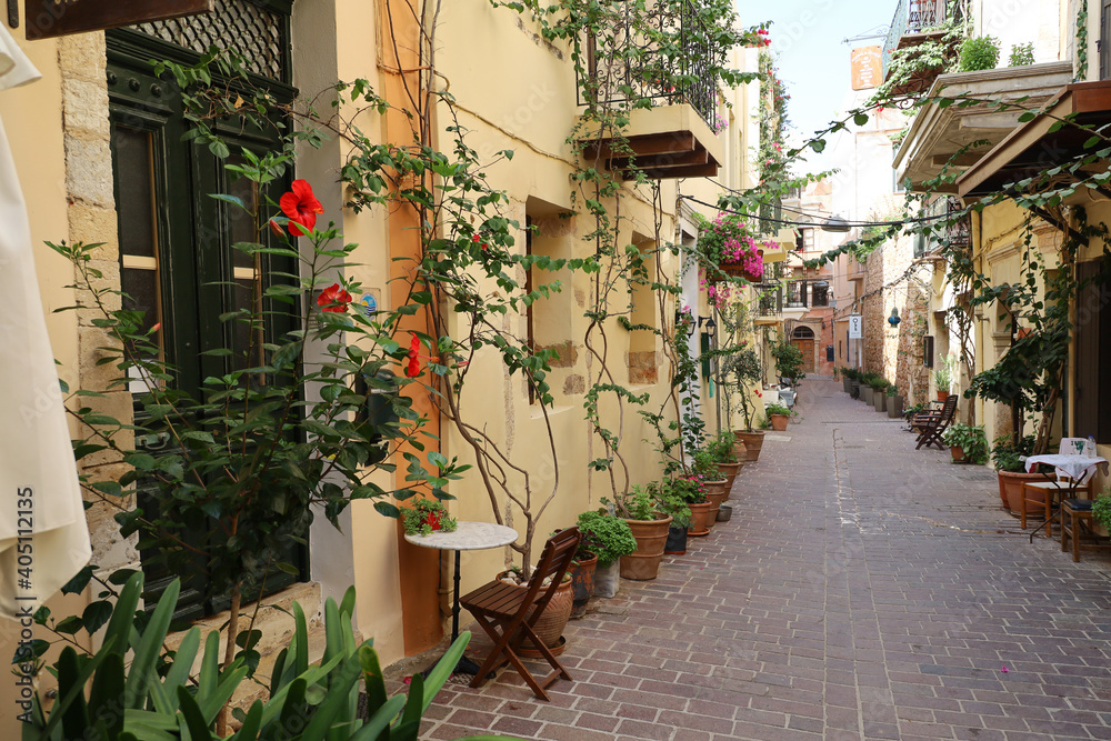 A quiet and colorful street of Chania in Crete, Greece