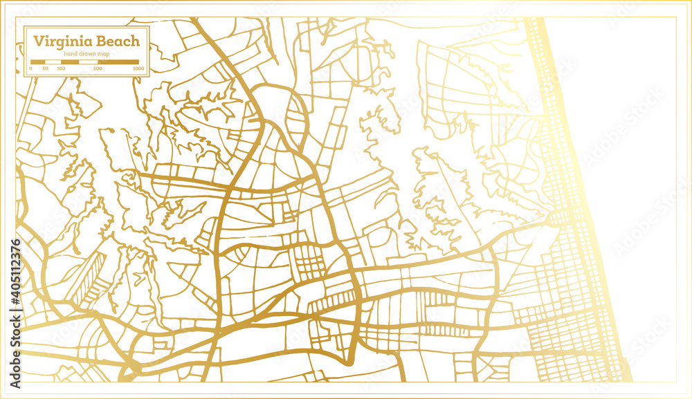 Virginia Beach USA City Map in Retro Style in Golden Color. Outline Map.