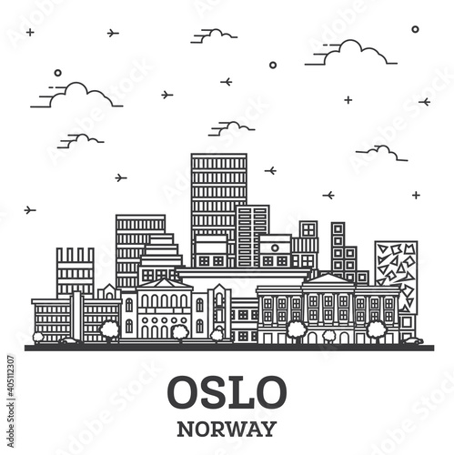 Outline Oslo Norway City Skyline with Modern Buildings Isolated on White.