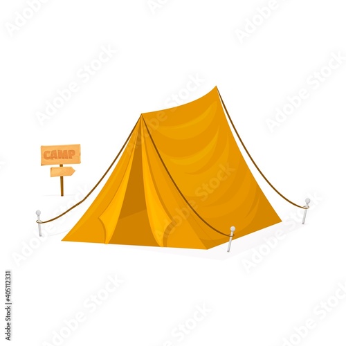 Tent camp travel tourism hiking outdoor equipment. Yellow tourist camping tent isolated on white background.