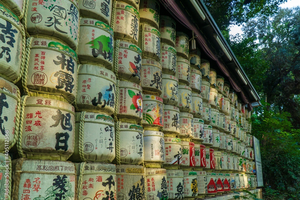 Big sake barrels places as offerings in a temple in Tokyo, Japan