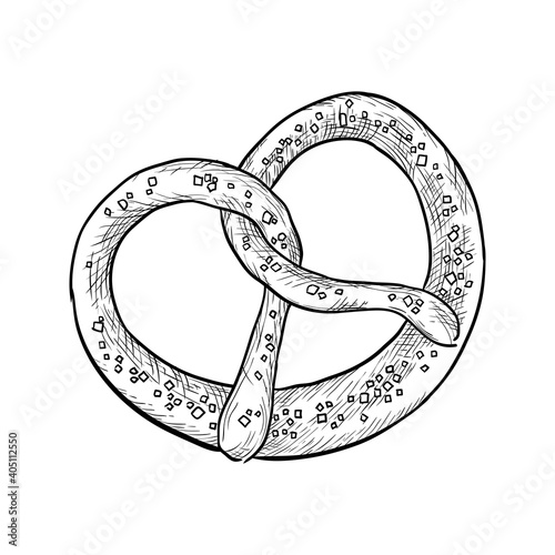 Salted pretzel isolated on white background. Hand drawn vector illustration.