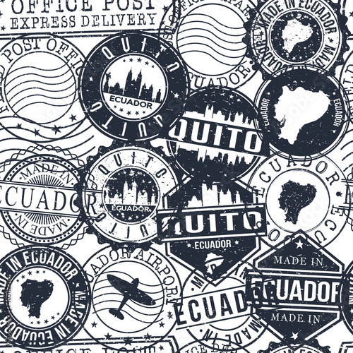 Quito Ecuador Stamps Background. City Stamp Vector Art. Postal Passport Travel. Design Set Pattern.