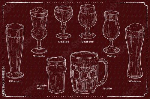 Set of beer glasses of different type isolated on a dark background. Hand drawn vector illustration.