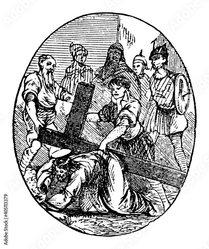 3th, 7th or third or seventh Station of the Cross or Way of the Cross or Via Crucis. Jesus falls for the first time.Bible,New Testament. Antique vintage biblical religious engraving or drawing.