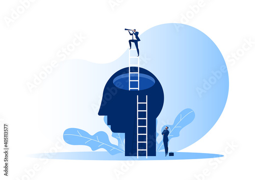 Businessman vision with binoculars for opportunities on head human for target further