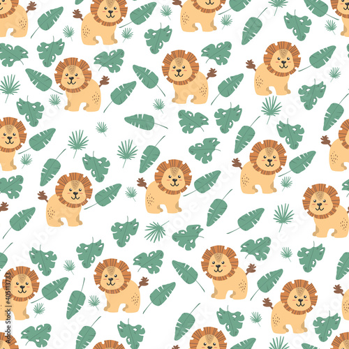 Seamless pattern with cute lions. Decorative wallpaper for the nursery in vector  suitable for children s clothing  interior design  packaging  printing.
