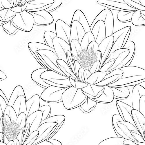 Beautiful monochrome, black and white seamless pattern with lotus flowers.