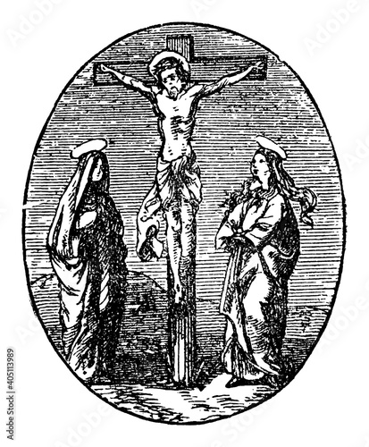 12th or twelfth Station of the Cross or Way of the Cross or Via Crucis. Jesus dies on the cross.Bible,New Testament.Antique vintage biblical religious engraving or drawing.