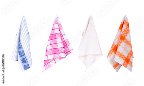 Set of four different color hanging kitchen towels,  isolated on white background. Cooking and cleaning mock up for design.