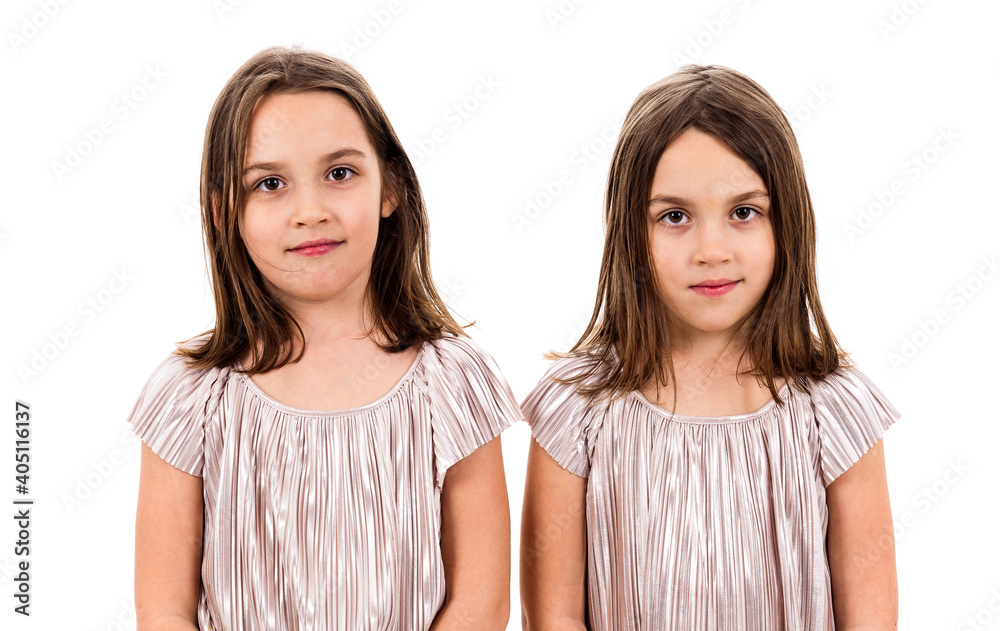 Identical twin girls sisters are posing for the camera. Identical twin girls sisters are posing for the camera.