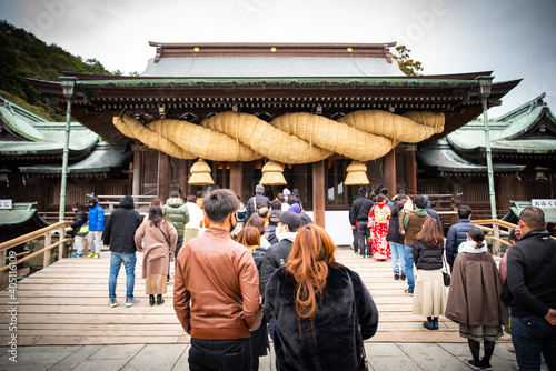 Shimenawa at Miyajidake Shrine in Fukutsu City, Fukuoka Prefecture photo