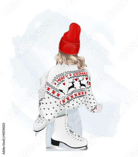 Christmas blonde girl with ice skates on her shoulder