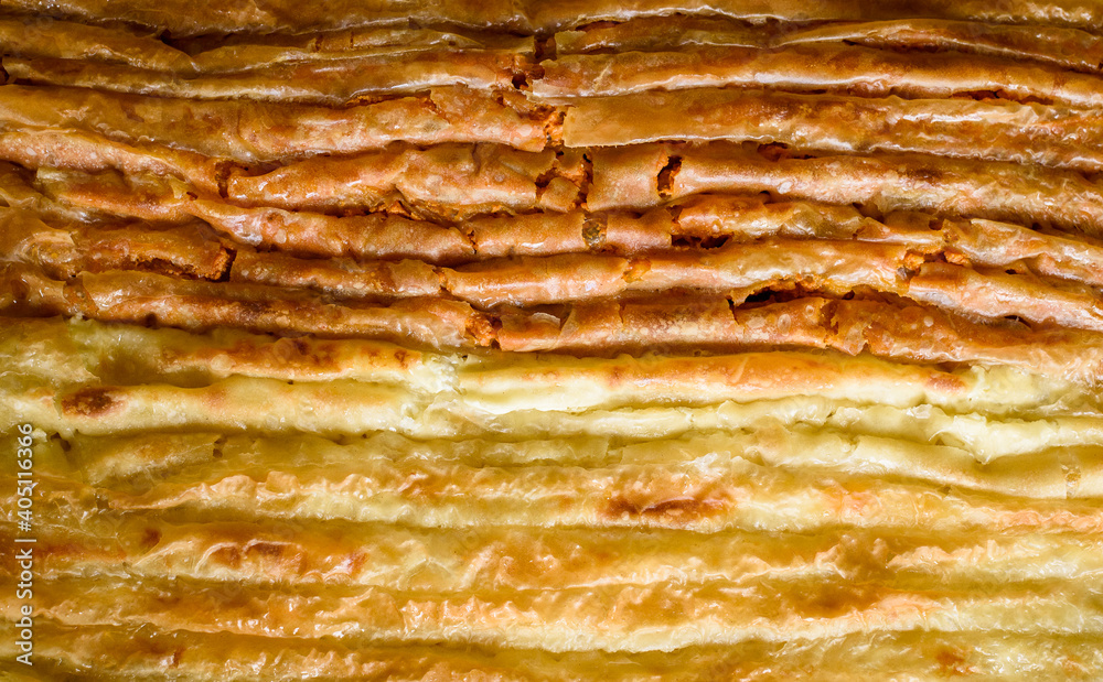 Baked homemade traditional Balkan, Bosnian, Greek, Turkish, Serbian dish burek. Baked homemade traditional Balkan, Bosnian, Greek, Turkish, Serbian dish burek.