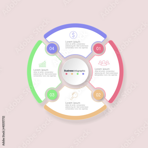 four circle elements with paper icons and place for text to circle white paper. The concept of 4 business development features. Infographic design template. Vector illustration.