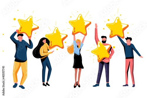Five star rating positive feedback and high evaluation level. Happy satisfied people holding five gold star giving positive feedback and good review, supporting product or service vector illustration